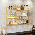 47" Upgrade Metal Wall Mounted Wine Rack, 3 Tier Bar Shelves with Glass Holder, Large Capacity Modern Liquor Shelves for Home Bar, Dining Room & Kitchen, Gold