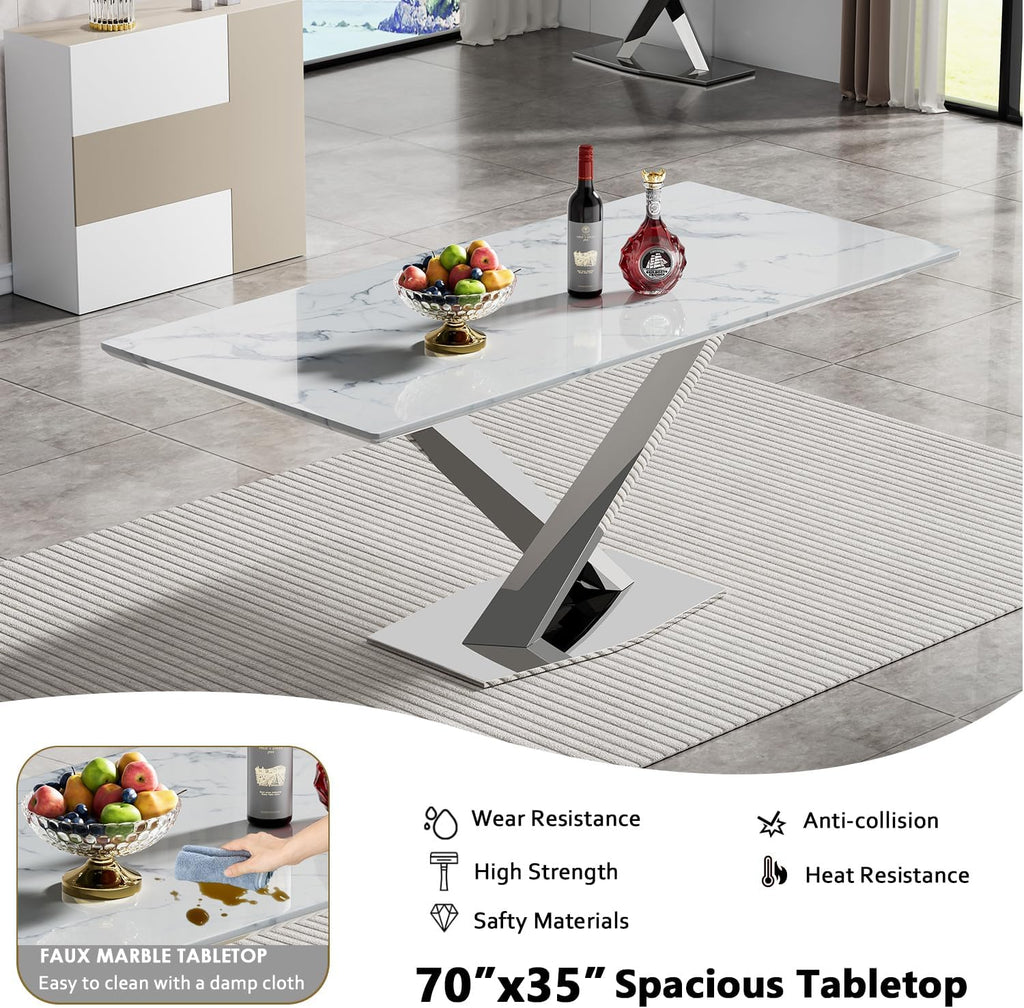 70" Faux Marble White Silver Dining Table for 6, Modern Dining Room Table with 0.71" Marble Printing MDF Top and Cross-Shaped Stainless Steel Base, Rectangular Large Kitchen Dinner Table