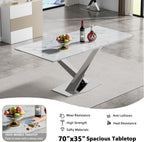 70" Faux Marble White Silver Dining Table for 6, Modern Dining Room Table with 0.71" Marble Printing MDF Top and Cross-Shaped Stainless Steel Base, Rectangular Large Kitchen Dinner Table