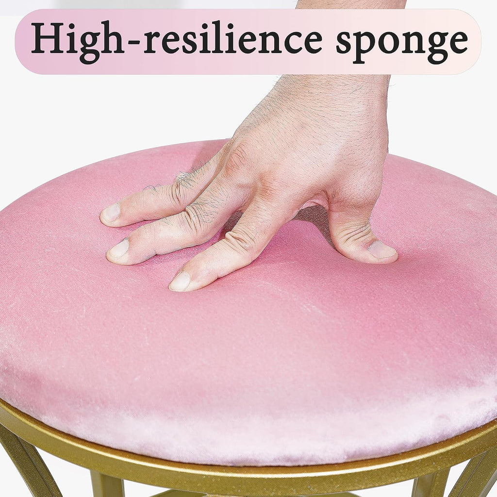 Velvet Round Vanity Stool Chair,Pink Velvet Footrest Ottoman Foot Stool Seat with Golden Metal Legs,Makeup Chair for Bathroom Vanity,Bedroom,Living Room