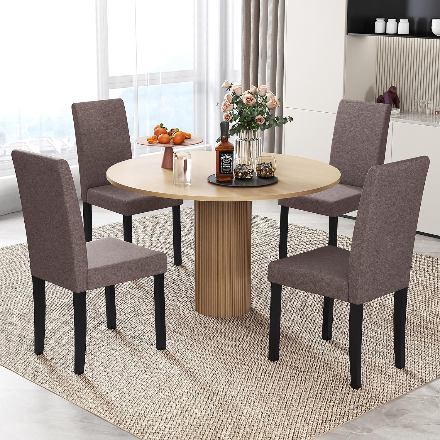 GOFLAME Upholstered Dining Chairs Set of 4, Fabric Kitchen Chairs with Padded Seat, Tilt Backrest, Rubber Wood Legs, Armless Side Chairs for Dining Room, Living Room, Restaurant, Brown