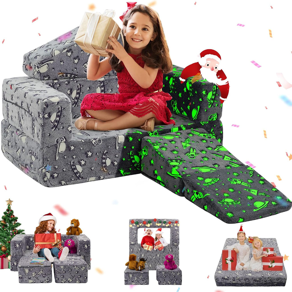 Kids Play Couch,3 in 1 Modular Toddler Sofa Glow in The Dark, Imaginative Foam Play Couch for Toddler and Baby, Convertible Kids Sofa for Playroom & Bedroom, Spacecraft