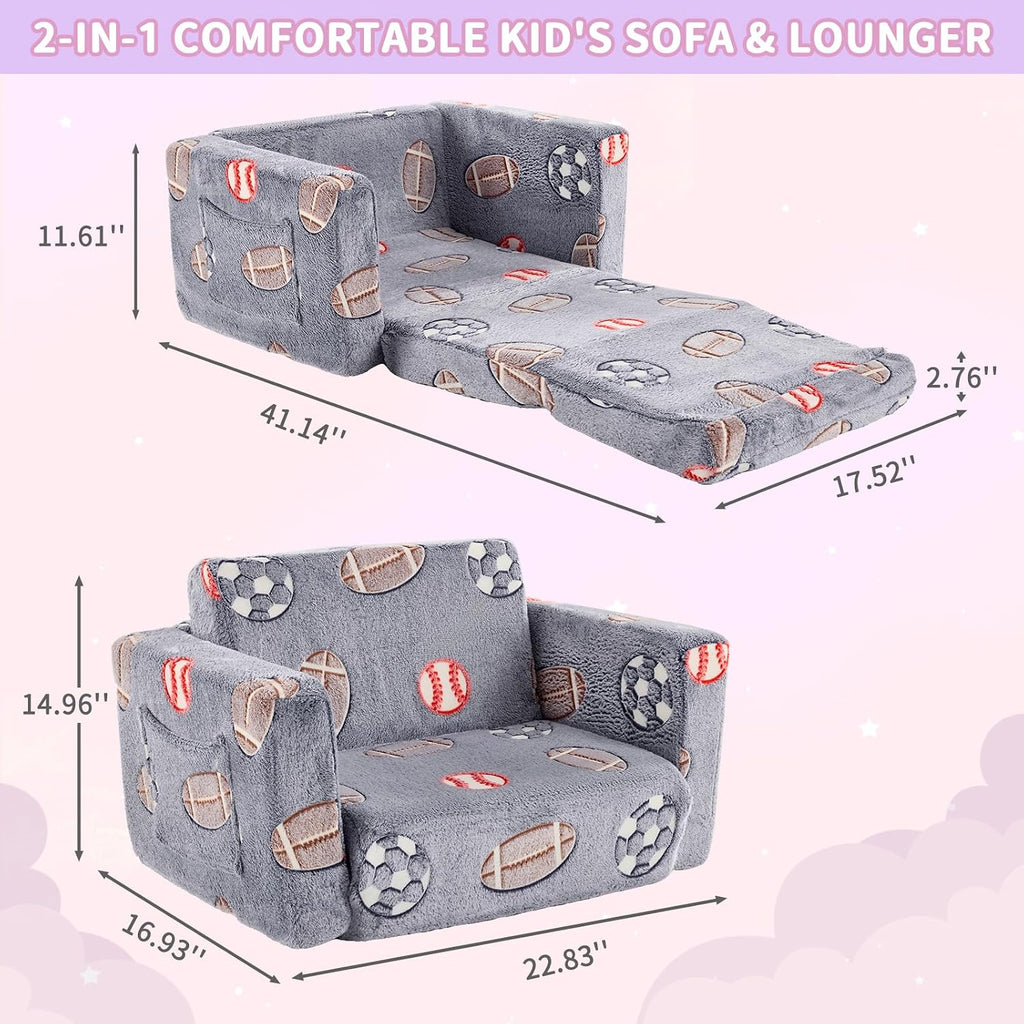 Karl home Comfy 2-in-1 Toddler Chair and Couch, Convertible Plush Fold Out Sofa to Lounger for Kids, Flip Open Sleeper for Playroom, Glowing Blue Ball