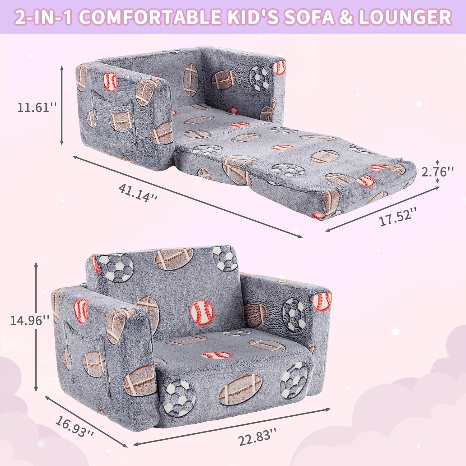 Karl home Comfy 2-in-1 Toddler Chair and Couch, Convertible Plush Fold Out Sofa to Lounger for Kids, Flip Open Sleeper for Playroom, Glowing Blue Ball