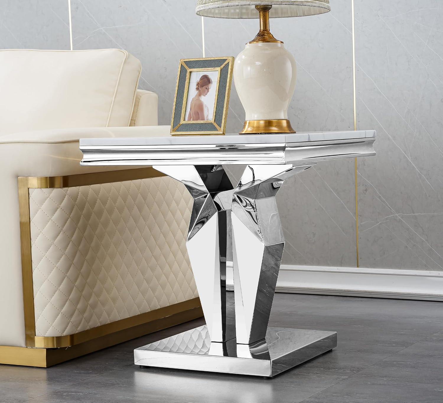 23in Faux Marble End Table w/Y Stainless Steel Base, Night Stand Square End Table for Living Room Modern White and Silver Sofa Side Table witn High Glossy White Square Accent Table Bedside Table
