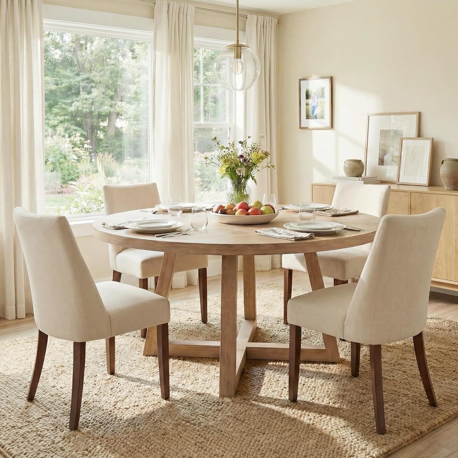 Wooden Dining Chairs Set of 4, Upholstered Farmhouse Fabric Dining Room Chair, Mid Century Kitchen Chair for Restaurant & Cafe, Beige