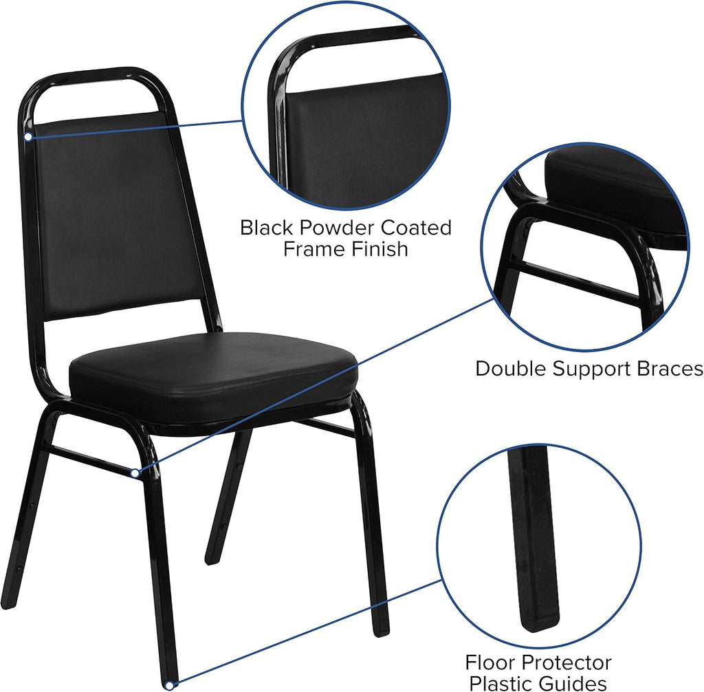 EMMA + OLIVER Trapezoidal Back Vinyl Stackable Banquet Chair, Multipurpose Stacking Chair with Padded Seat and Back, Black