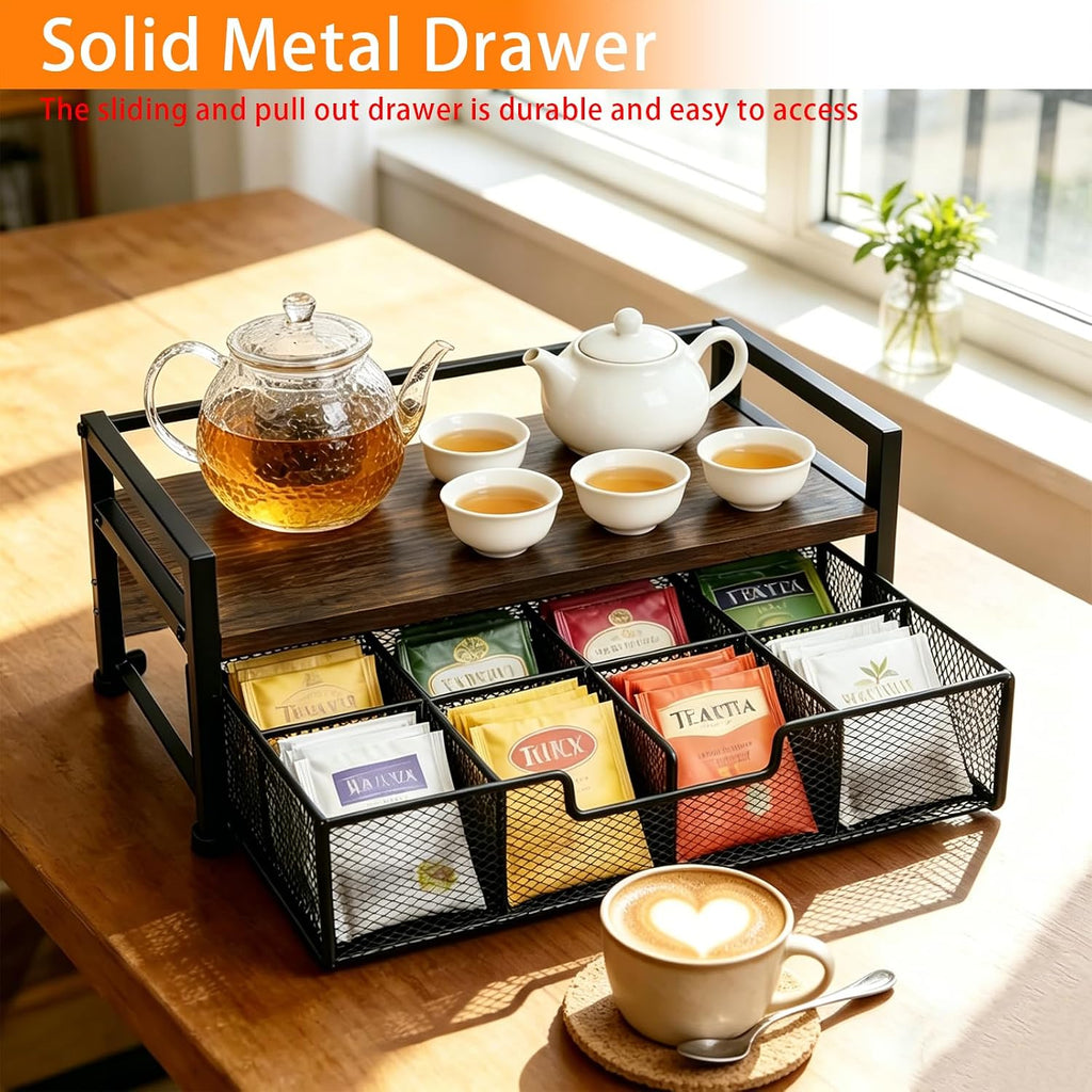Tea Bag Organizer for Kitchen Countertop, Wooden Tea Box Organizer with Drawer and Top Tray, Tea Station Organizer, Tea Bag Holder and Tea Storage Box for Coffee Bar, Pantry, Rustic Brown