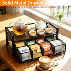 Tea Bag Organizer for Kitchen Countertop, Wooden Tea Box Organizer with Drawer and Top Tray, Tea Station Organizer, Tea Bag Holder and Tea Storage Box for Coffee Bar, Pantry, Rustic Brown