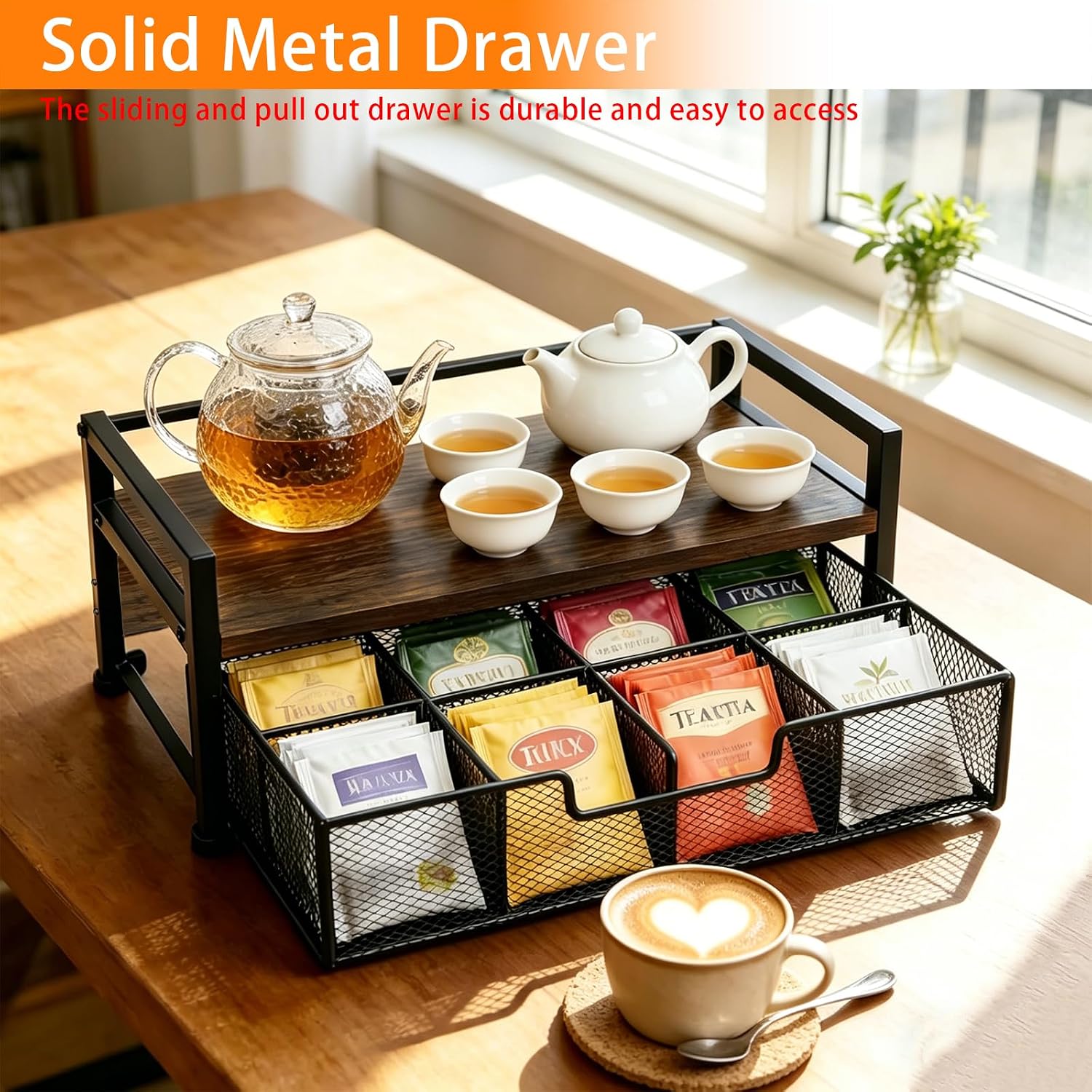 Tea Bag Organizer for Kitchen Countertop, Wooden Tea Box Organizer with Drawer and Top Tray, Tea Station Organizer, Tea Bag Holder and Tea Storage Box for Coffee Bar, Pantry, Rustic Brown