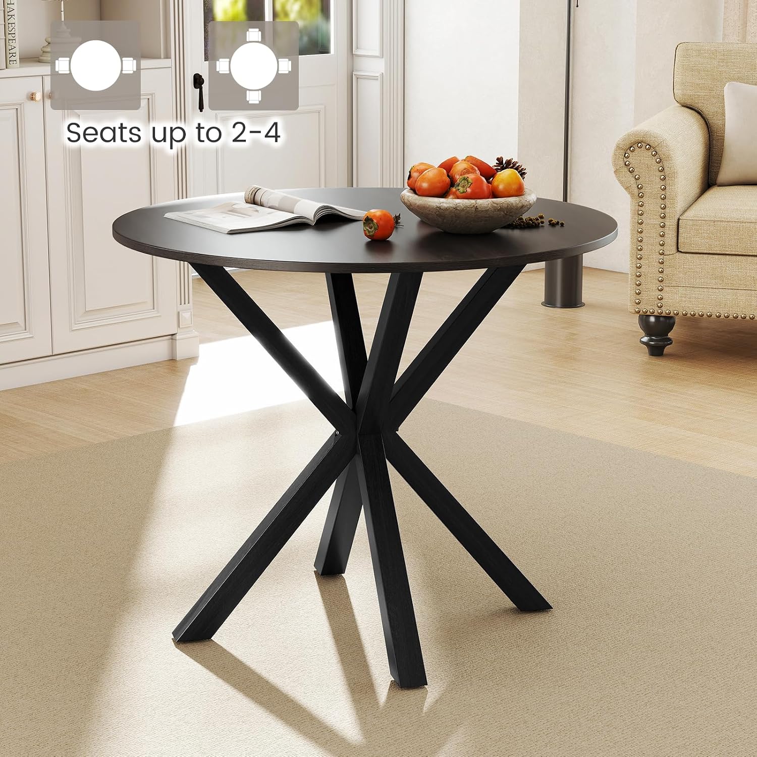 GOFLAME 36” Round Dining Table for 4 People, Wooden Kitchen Table with Intersecting Trestle Legs, Farmhouse Dinner Table for Dining Room, Living Room, Restaurant, Small Space, Dark Grey