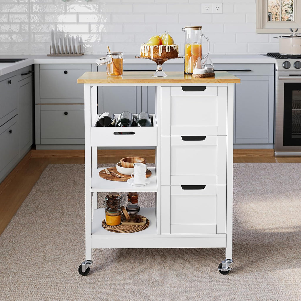 DWVO Solid Wood Top Rolling Kitchen Island Cart, 3 Tier Mobile Kitchen Storage Island Cart with 3 Drawers and 3 Opening Storage Shelves for Kitchen & Dining Area, White