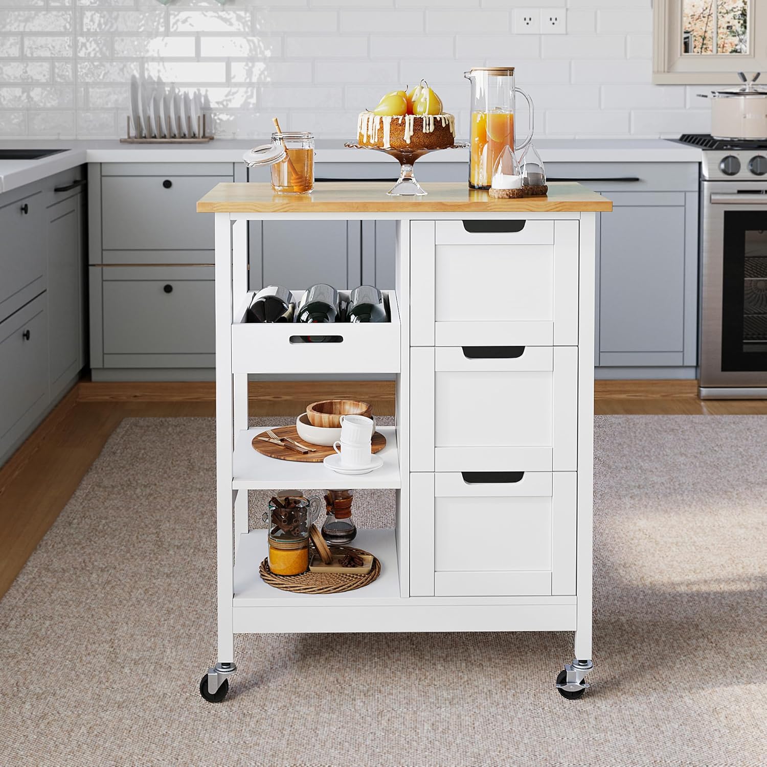 DWVO Solid Wood Top Rolling Kitchen Island Cart, 3 Tier Mobile Kitchen Storage Island Cart with 3 Drawers and 3 Opening Storage Shelves for Kitchen & Dining Area, White