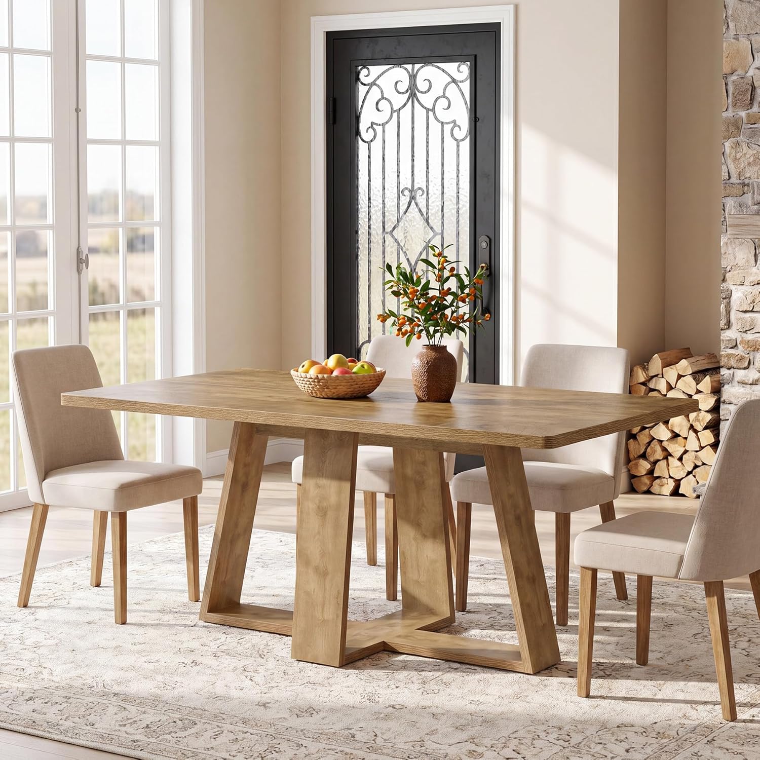 Tribesigns 63-Inch Dining Table, Farmhouse Kitchen Table with Wooden Pedestal, Rectangle Dinner Table for Kitchen, Dining Room, Small Space, Rustic Brown, Capacity 4-6