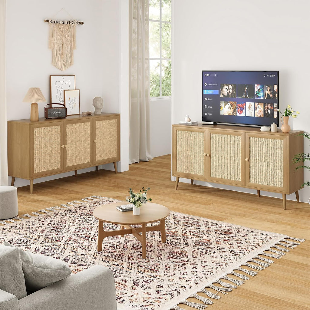 Farini 59.1" Buffet Cabinet with 3 Rattan Doors,Kitchen Sideboard for Dining Room, Hallway & Living Room, Coffee Bar Storage Console Table,Natural