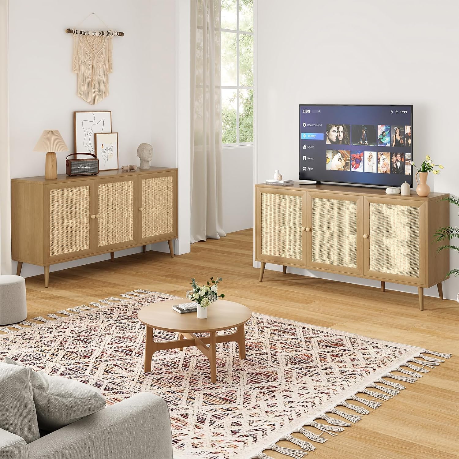 Farini 59.1" Buffet Cabinet with 3 Rattan Doors,Kitchen Sideboard for Dining Room, Hallway & Living Room, Coffee Bar Storage Console Table,Natural