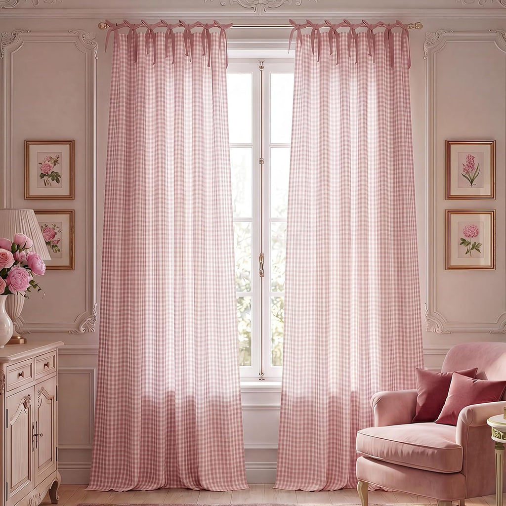 NICETOWN Rose Pink Plaid Curtains for Nursery, Tie Top Bow Knot Checkered Girls Room Window Treatments, Coquette Room Decor Semi Sheer Light Filtering Living Room Drapes, W52 x L84, 2 Panels