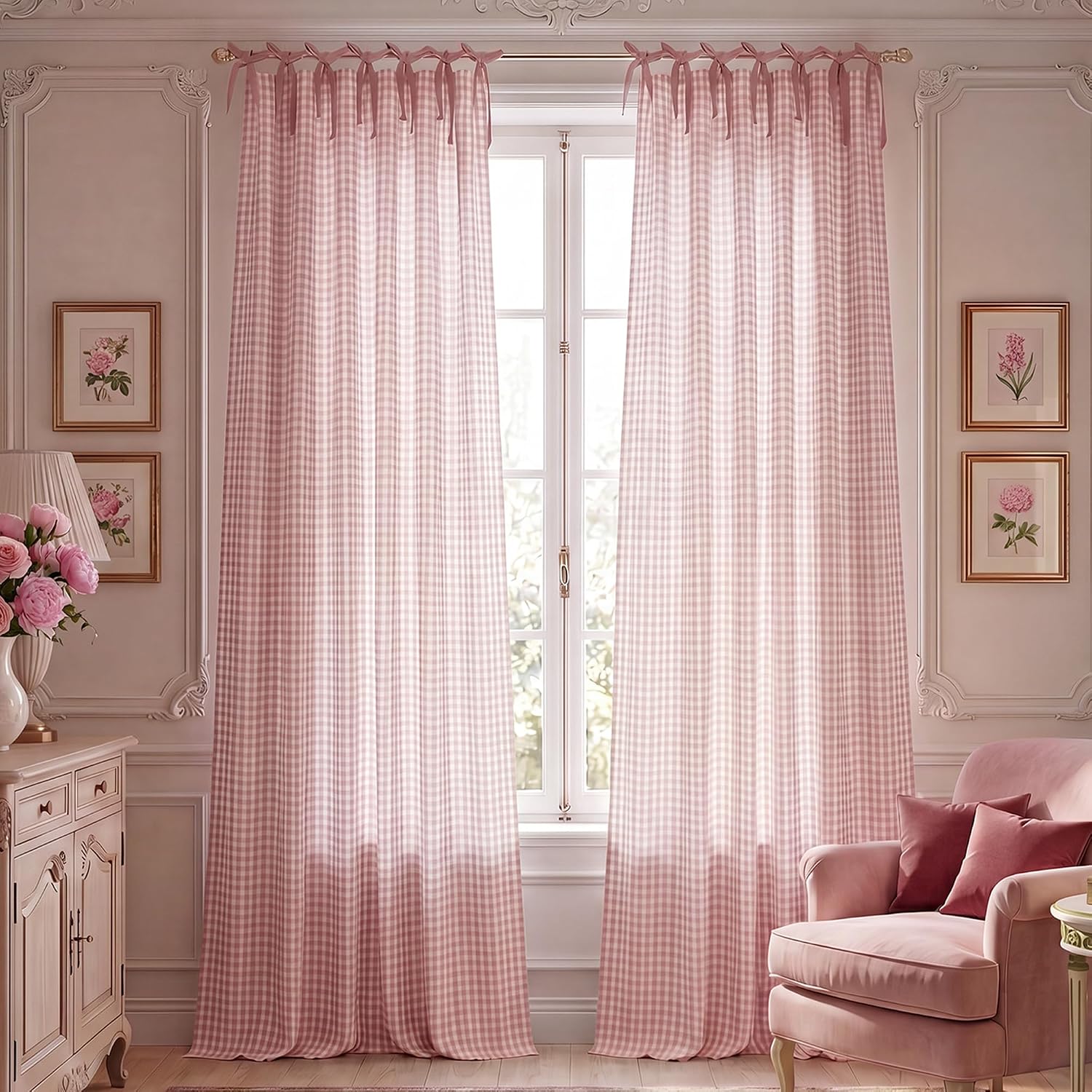 NICETOWN Rose Pink Plaid Curtains for Nursery, Tie Top Bow Knot Checkered Girls Room Window Treatments, Coquette Room Decor Semi Sheer Light Filtering Living Room Drapes, W52 x L84, 2 Panels