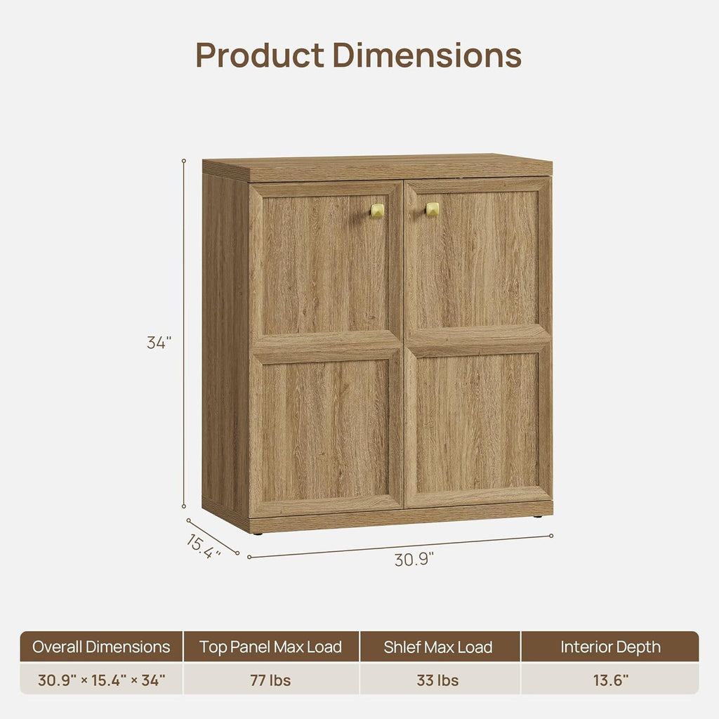 SICOTAS Buffet Cabinet with Storage, 34" Tall Modern Farmhouse Sideboard with 2 Adjustable Shelves & Geometric Doors, Large Credenza with Luxury Gold Handles for Kitchen Living Room, Brown Oak, 1 PCS