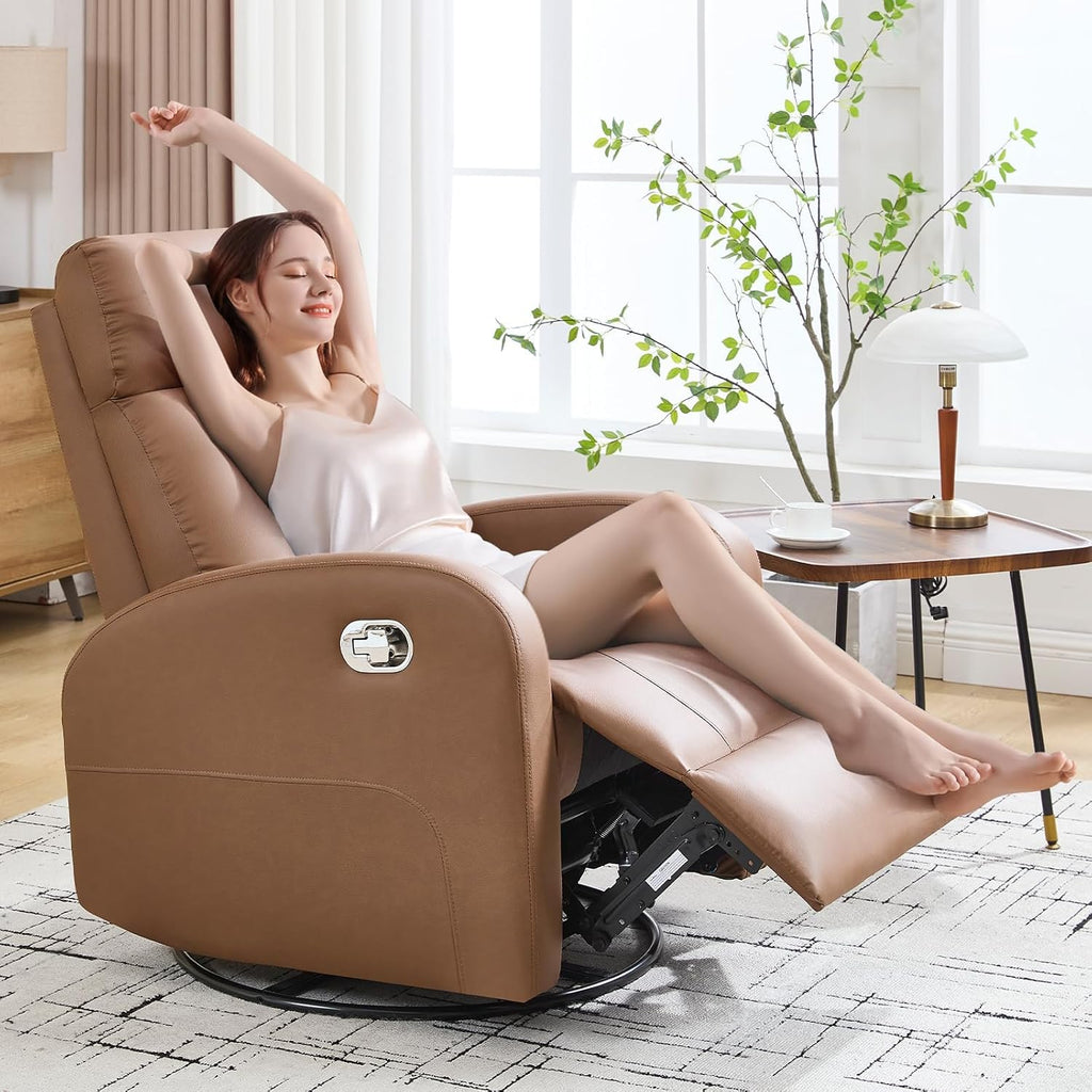 Swivel Rocker Recliner Chairs, Manual Faux Leather Recliners, 360° Swivel Nursery Reclining Chair Glider Rocking Recliner with Adjustable Headrest Highback for Living Room, PU Coffee