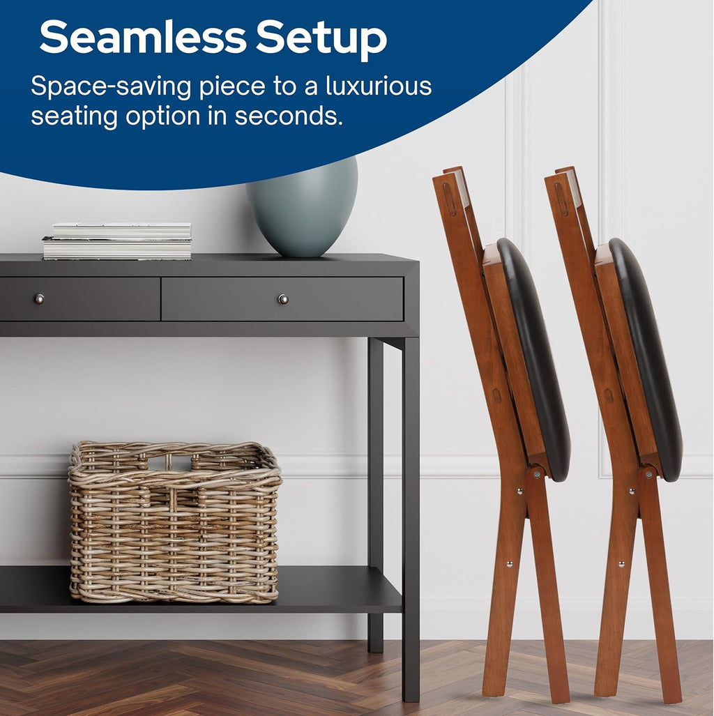 MECO Stakmore True Mission Wooden Folding Chairs with Padded Seats, Set of 2 - No Assembly Foldable Dining Chairs, Steel Folding Mechanism, Upholstered Cushion, Space-Saving, Fruitwood Frame