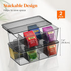 Lifewit Tea Bag Organizer with lids, Plastic Teabag Box with 16 Compartments, Stackable Divided Storage Containers for Cabinet, Pantry, Countertop, Sugar Packets, Black, 29 cm/11.5 inch L, 2 Pack