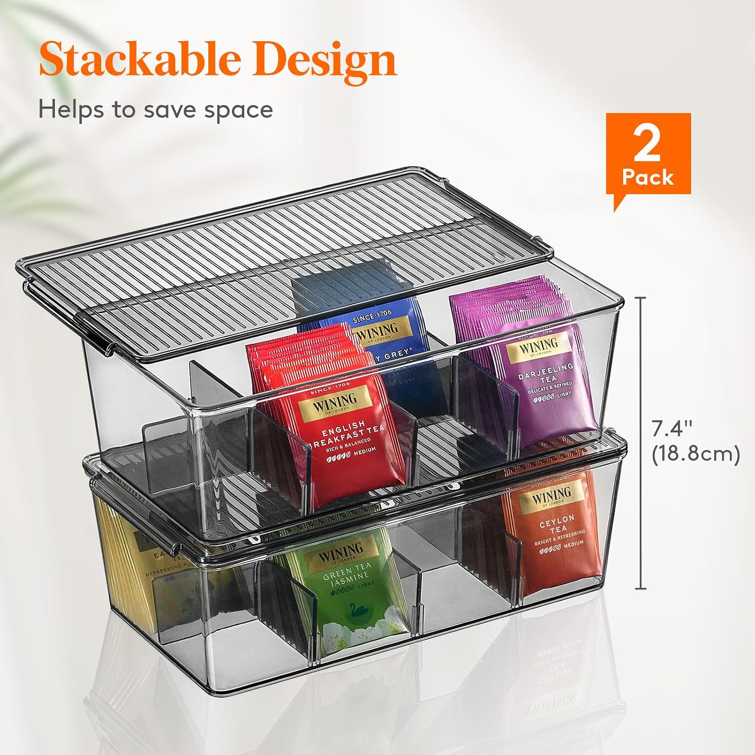 Lifewit Tea Bag Organizer with lids, Plastic Teabag Box with 16 Compartments, Stackable Divided Storage Containers for Cabinet, Pantry, Countertop, Sugar Packets, Black, 29 cm/11.5 inch L, 2 Pack