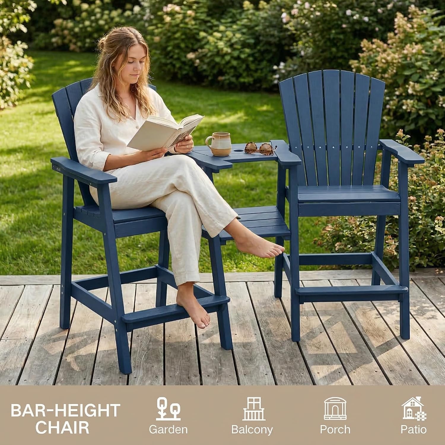 Kingdura Tall Adirondack Chairs Set of 2 with Removable Connecting Tray & 2" Umbrella Hole, Weather-Resistant HDPE Bar Height Outdoor Chairs, Wood-Look Balcony Bar Stools for Patio, Deck (Navy Blue)