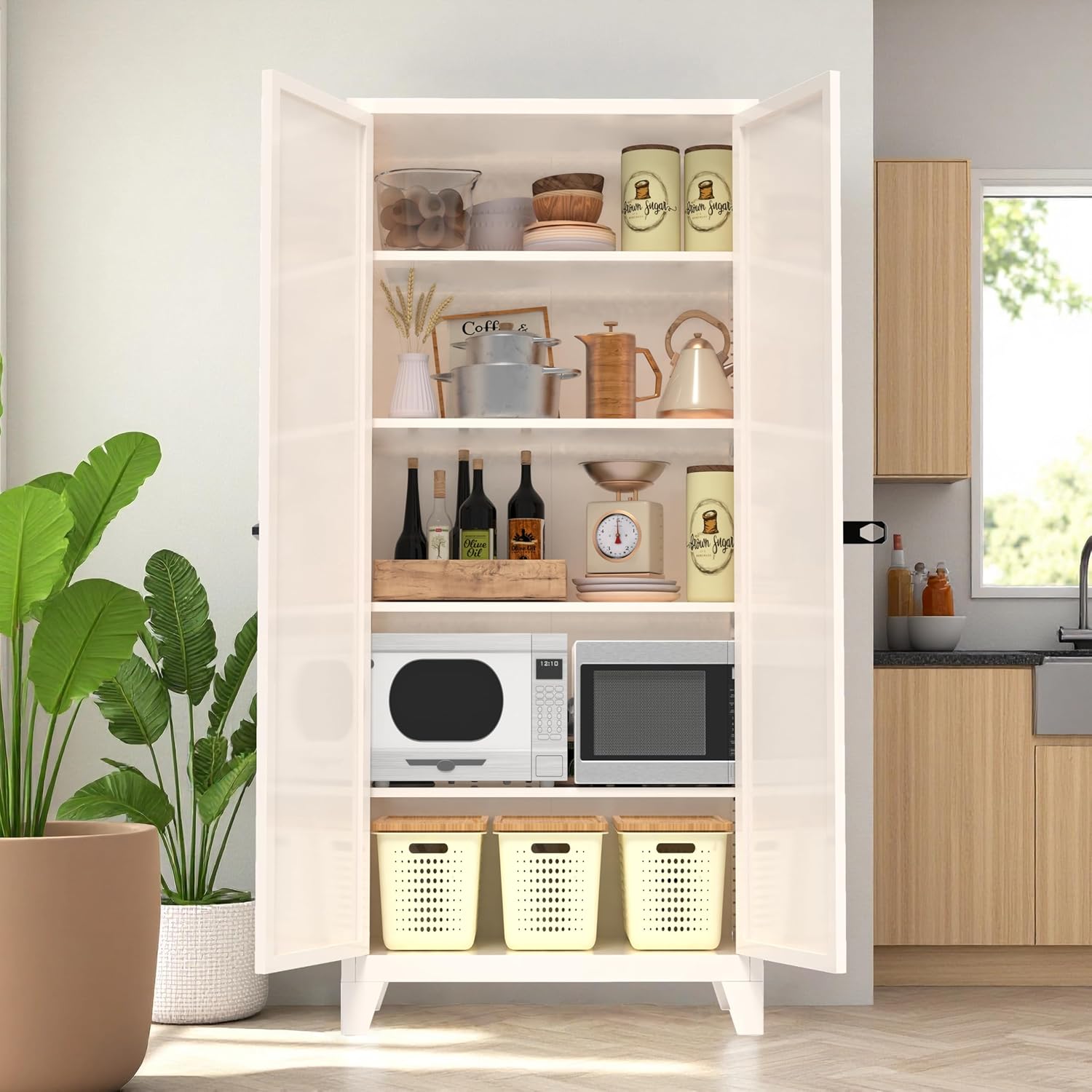 JIJIWANG 71'' Metal Pantry Cabinet, Kitchen Pantry Storage Cabinets with 2 Door and Adjustable Shelves,Kitchen Pantry Cabinet, Freestanding Cupboard for Dining Room Living Room Bathroom,Beige