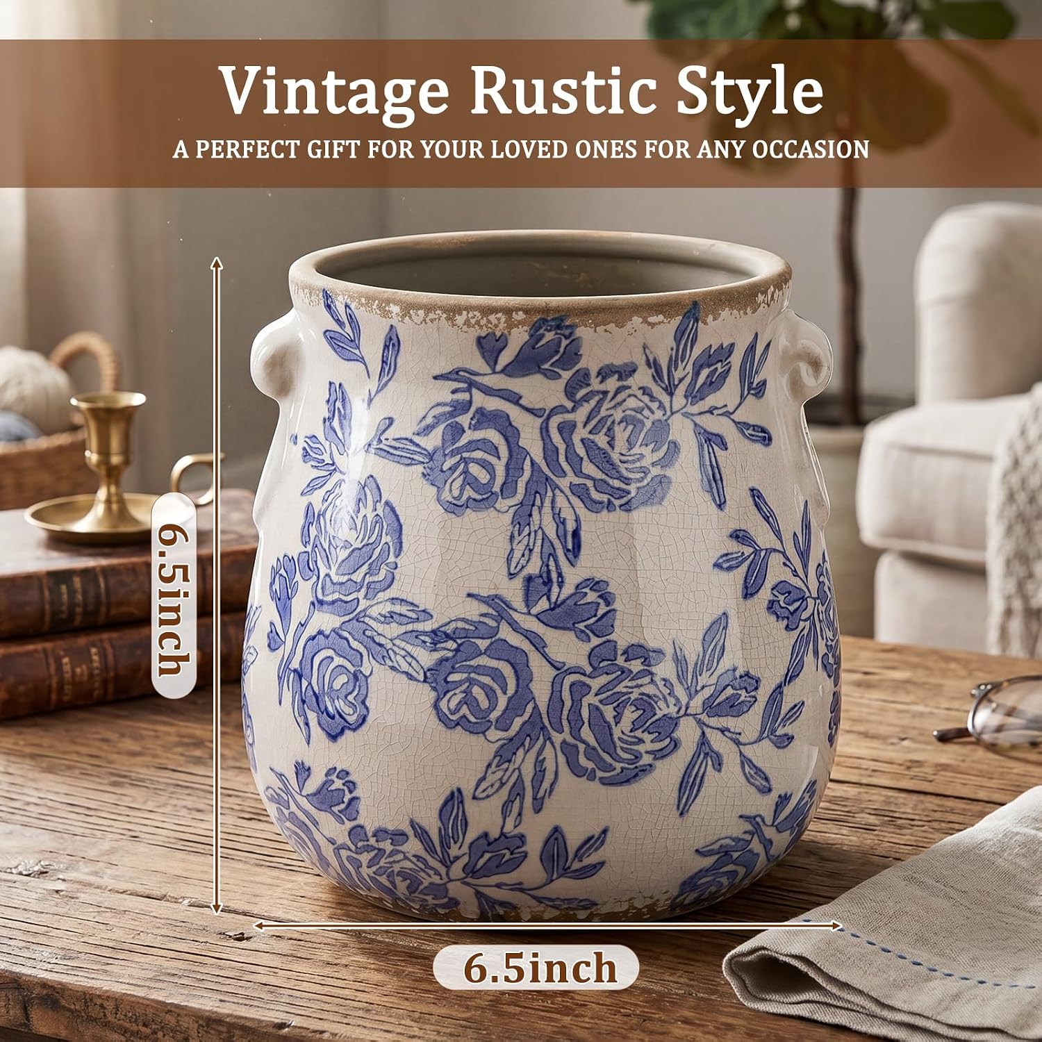 Ceramic Scroll Planter 6.5 Inch Chinoiserie Floral Vase with Drainage Holes Vintage Flower Vase Flower Pot Rustic Ceramic Pots for Indoor Plants Garden Home Bookshelf Decor (Blue)