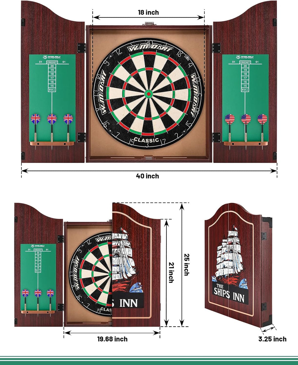 Dart Board Cabinet Set for Adults, 18-inch Dartboard with 6 Steel Tip Darts | Self‑Healing Fibers, Chalkboard Scoring, Rotating Number Ring, Regulation Size for Game Room, Man Cave and Home Bar, Brown