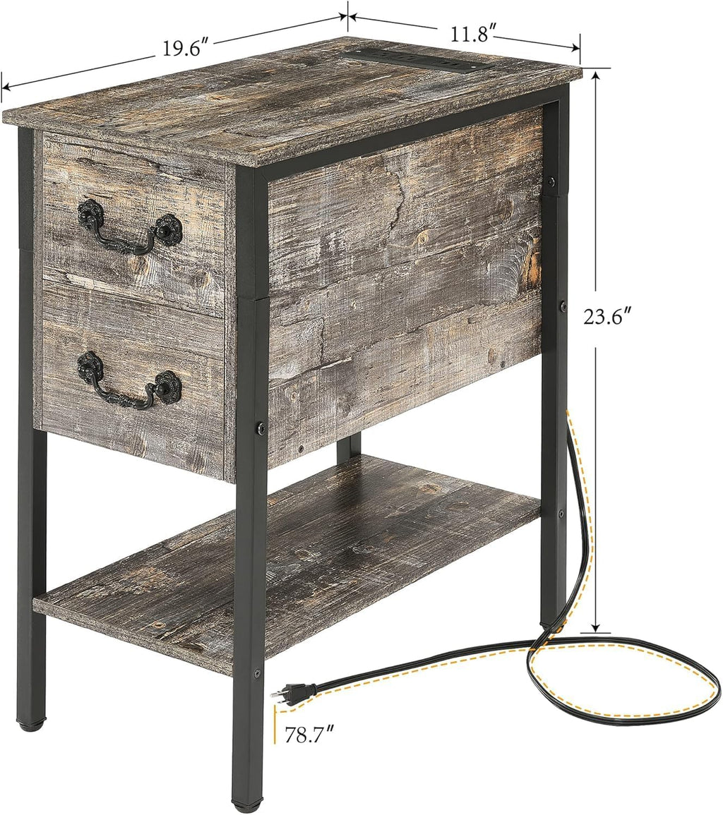 VECELO End Tables,Narrow Nightstands with Charging Station & USB Ports &Drawers,Night Stand for Living Room, Bedroom,Dust Grey