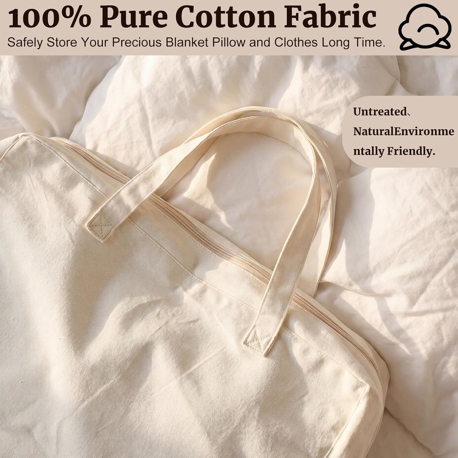 2 Pack 100% Cotton 24"x 15"x 12" Canvas Pillow Storage Bag with Handles for Home Travel Beddings Comforters Blankets Saree Linens Organizer Thick Soft Breathable Closet Organizer Bag