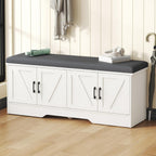 Shoe Bench, 47" Wide Bench with Storage with Padded Seat Cushion, Spacious Shoe Storage Bench with 4 Doors & Adjustable Shelf for Entryway, Bedroom, Living Room, White