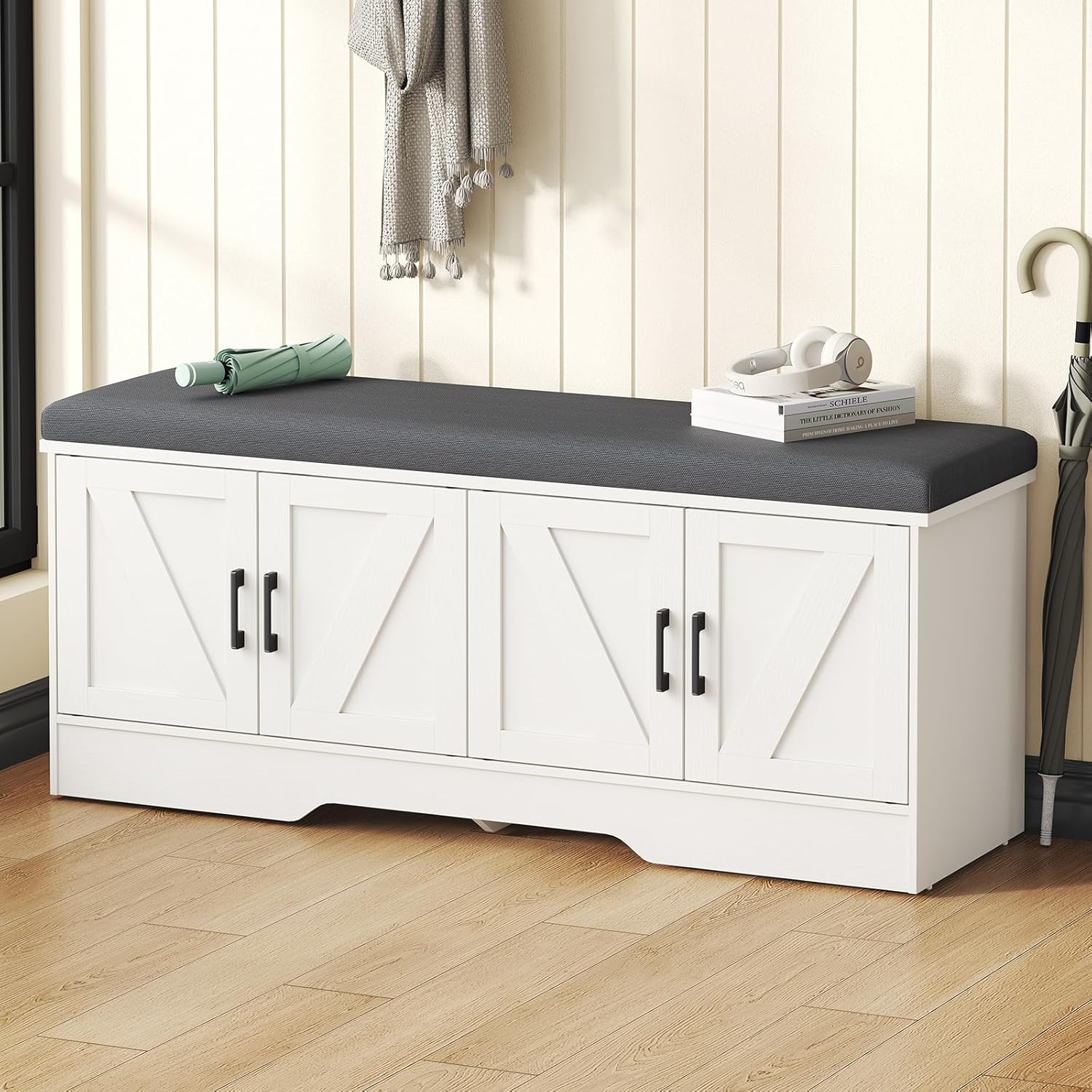 Shoe Bench, 47" Wide Bench with Storage with Padded Seat Cushion, Spacious Shoe Storage Bench with 4 Doors & Adjustable Shelf for Entryway, Bedroom, Living Room, White