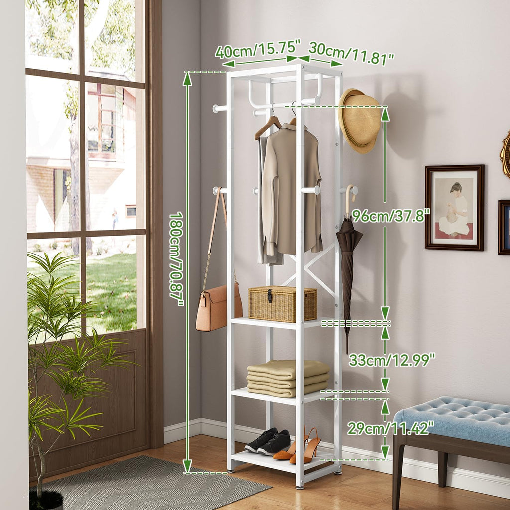 IBUYKE Coat Rack with Shelves, Freestanding Hall Tree with 3 Shelves and 8 Hooks, Industrial Clothes Stand for Entryway, Hallway, Bedroom, White UTMJ088W