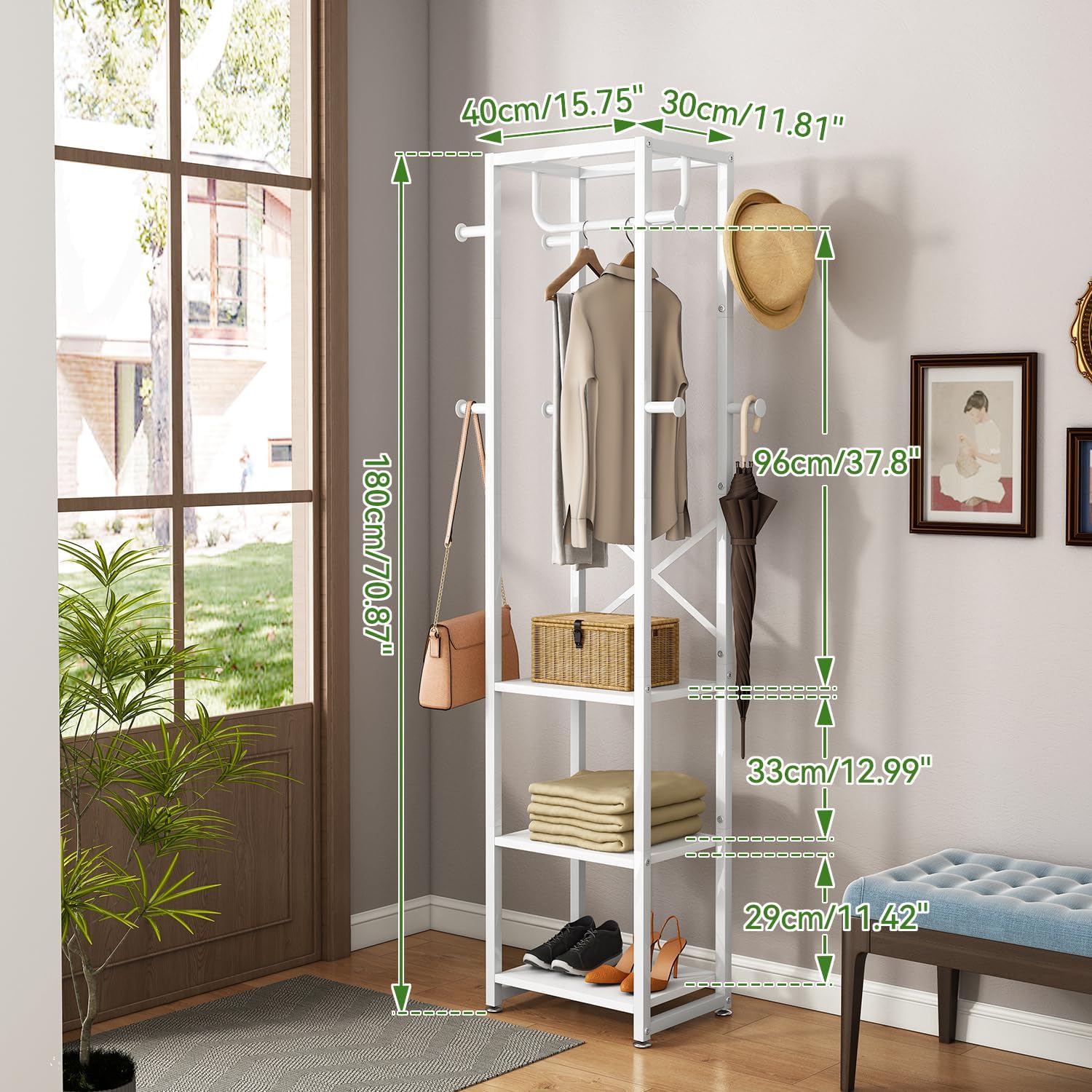 IBUYKE Coat Rack with Shelves, Freestanding Hall Tree with 3 Shelves and 8 Hooks, Industrial Clothes Stand for Entryway, Hallway, Bedroom, White UTMJ088W