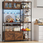 67 in Tall Bakers Rack with Power Outlet & LED Light, Coffee Bar Cabinet with 2 Cabinets, 47.2 in Kitchen Microwave Stand with Shelves Glass Holder and Wine Basket, Mesh Shelves Drainage net
