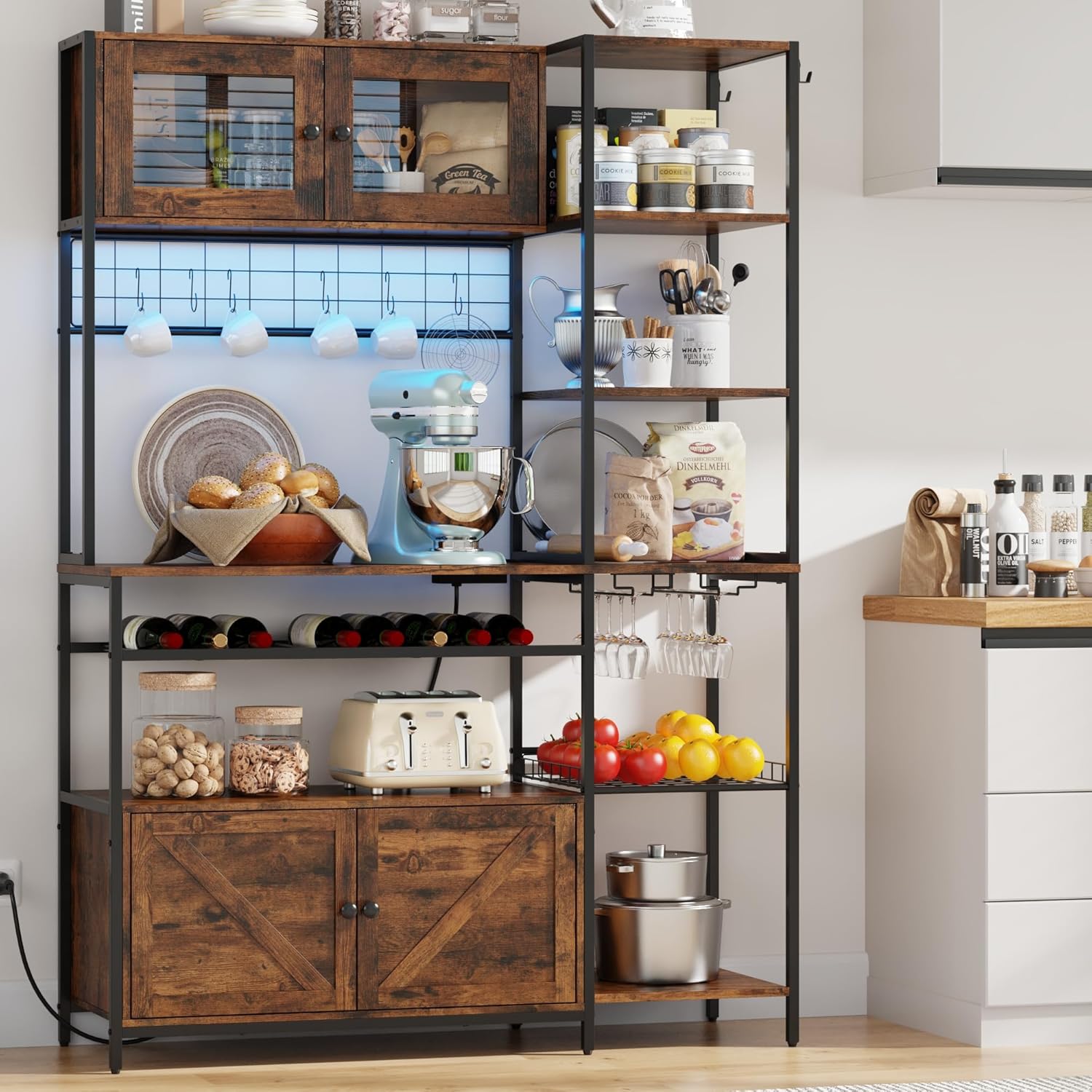 67 in Tall Bakers Rack with Power Outlet & LED Light, Coffee Bar Cabinet with 2 Cabinets, 47.2 in Kitchen Microwave Stand with Shelves Glass Holder and Wine Basket, Mesh Shelves Drainage net