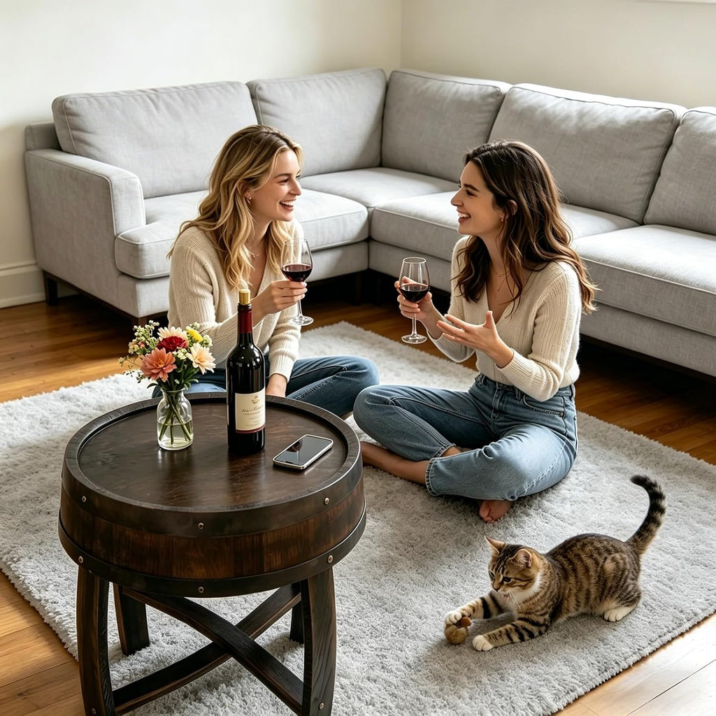 KANG DONG Rustic Round End Table, Whiskey Barrel End Table, Solid Wood Farmhouse Side Table with Barrel-Inspired Design, 22.2" Accent Table for Living Room, Bedroom, Beside Sofa