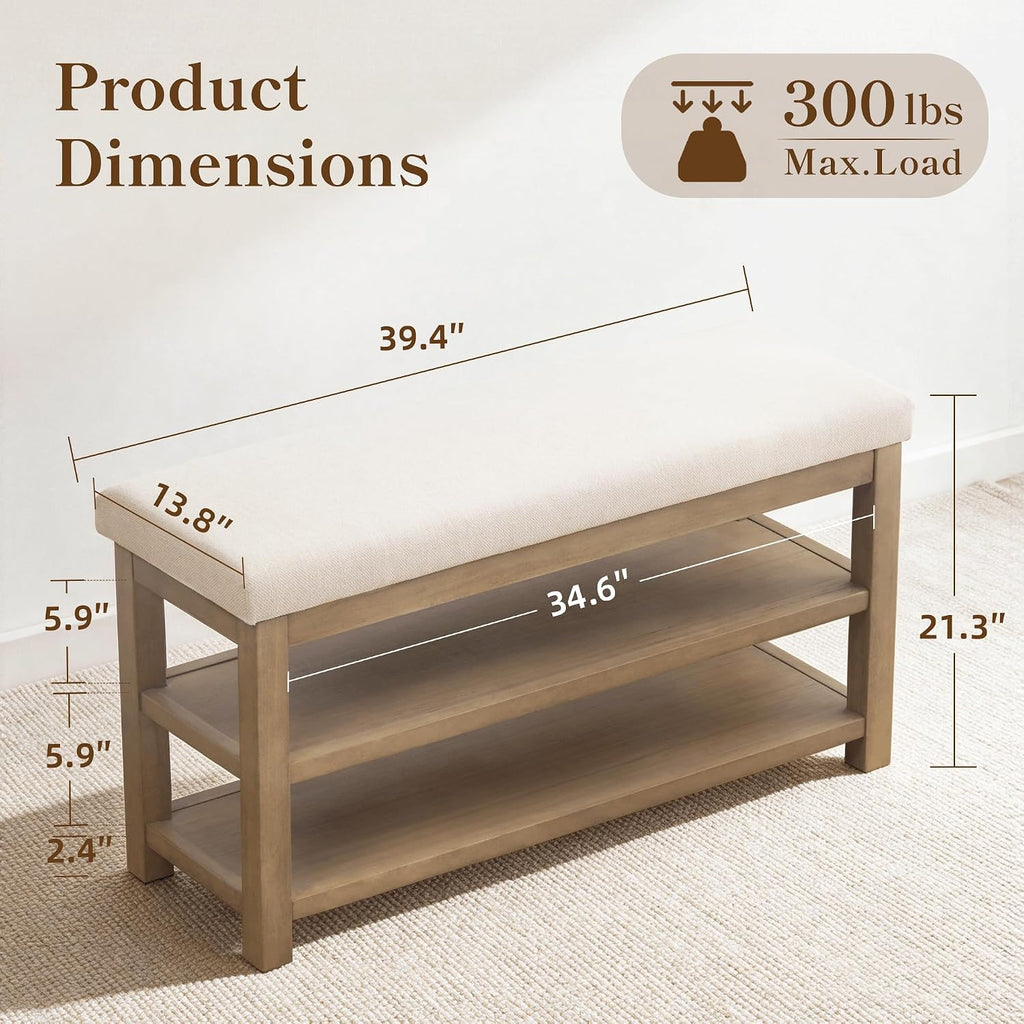 Zihanhome 2 Tier Shoe Rack Bench with Cushion, Solid Wood Shoe Benches, Mid-Century Modern Shoe Storage Bench for Entryway, Hallway, Living Room, Closet, Front Door Entrance, (Beige, 39.4")