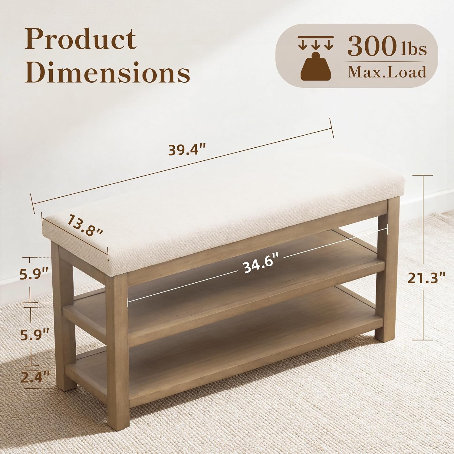 Zihanhome 2 Tier Shoe Rack Bench with Cushion, Solid Wood Shoe Benches, Mid-Century Modern Shoe Storage Bench for Entryway, Hallway, Living Room, Closet, Front Door Entrance, (Beige, 39.4")