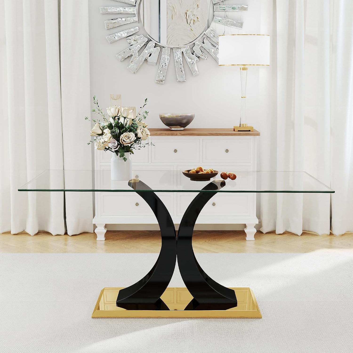 Modern Luxury Glass Dining Table for 4-6, 63'' Clear Tempered Glass Top Dinette Table, Minimalism Large Apartment Rectangle Kitchen Table with Black MDF & Gold Stainless Steel Base