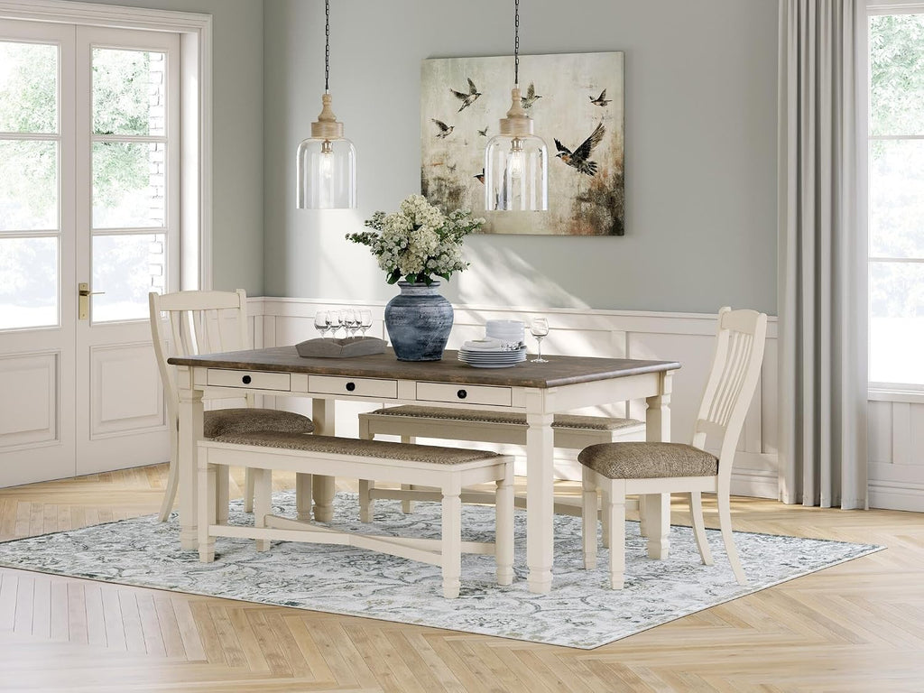 Signature Design by Ashley Bolanburg Casual French Country Upholstered Dining Room Bench with Nailhead Trim, Heavy Woven Fabric, Wood, Antique White & Tan