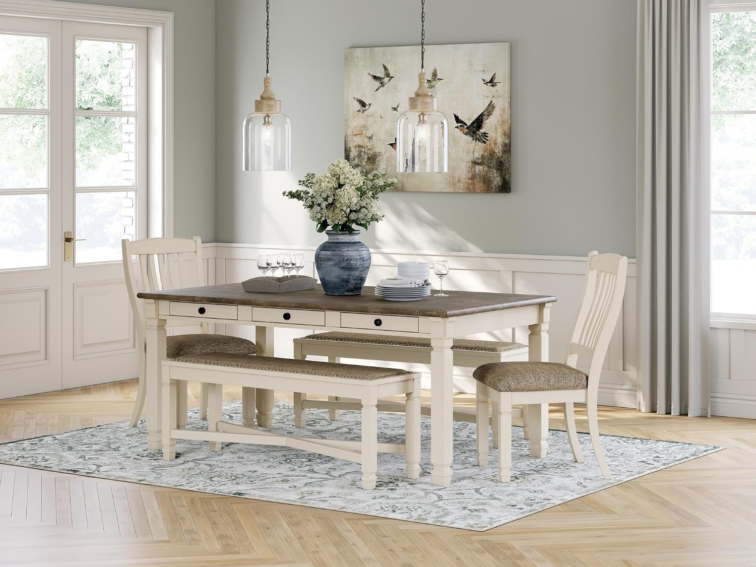 Signature Design by Ashley Bolanburg Casual French Country Upholstered Dining Room Bench with Nailhead Trim, Heavy Woven Fabric, Wood, Antique White & Tan