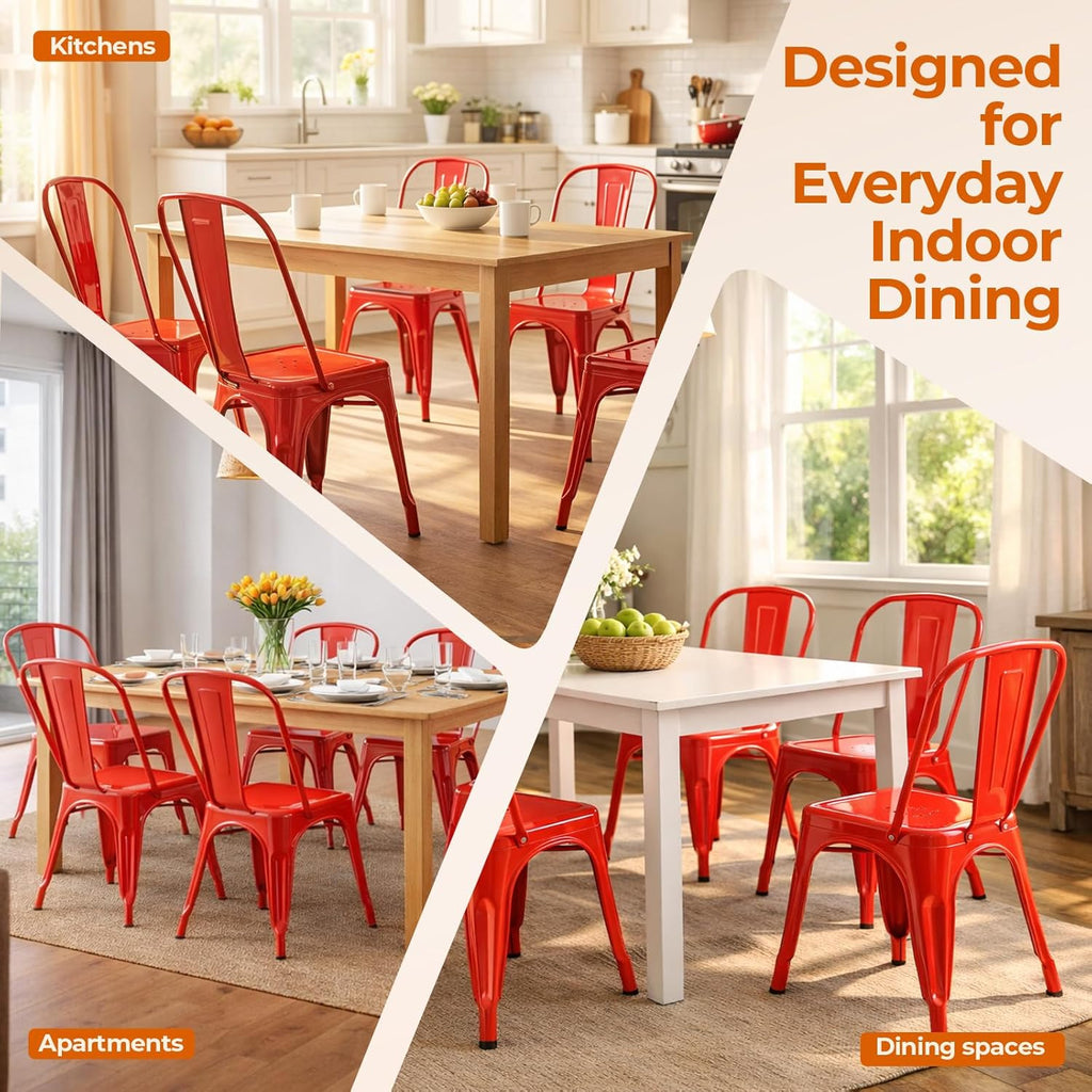 Set of 8 Salsa Red Metal Dining Chairs, Bold Stackable Kitchen Chairs, Industrial Steel Side Chairs for Indoor Restaurant & Cafe
