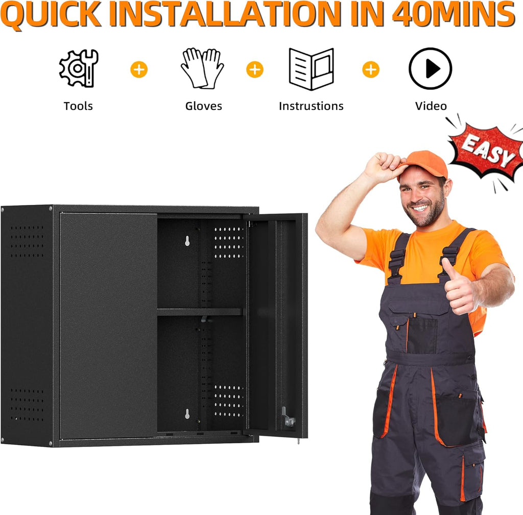 Garage Wall Cabinet, Metal Wall Cabinet with 2 Doors | 26'' Black Wall Mounted Floating Tool Cabinets for Home Office, Warehouse, Kitchen, Bathroom, Utility Room