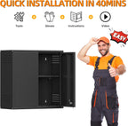 Garage Wall Cabinet, Metal Wall Cabinet with 2 Doors | 26'' Black Wall Mounted Floating Tool Cabinets for Home Office, Warehouse, Kitchen, Bathroom, Utility Room
