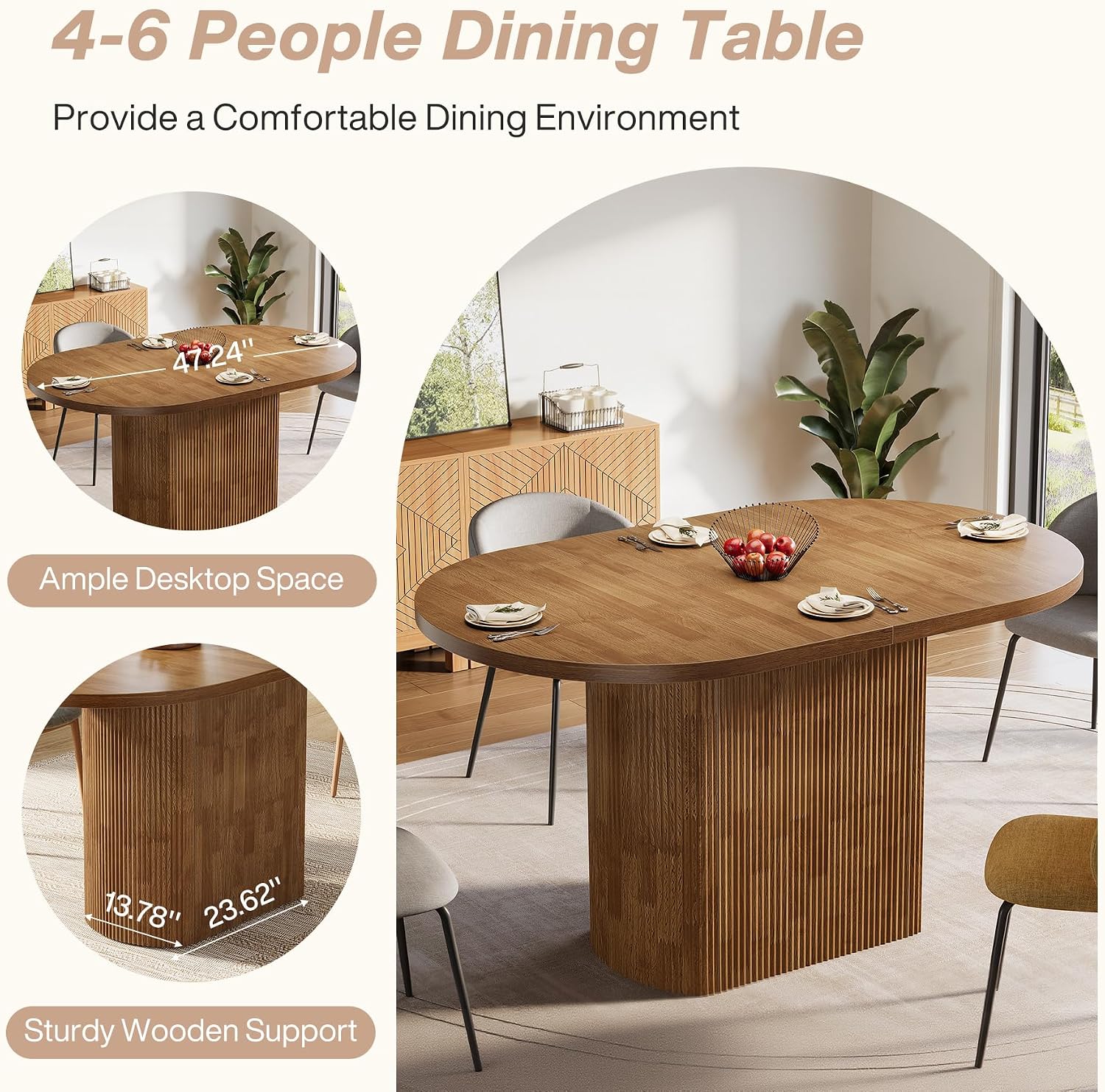 Tribesigns 47.24" Oval Dining Table, Rustic Wooden Kitchen Table with Wooden Base for 4, Small Farmhouse Dinner Table for Home Dining Room, Kitchen, Living Room, Brown