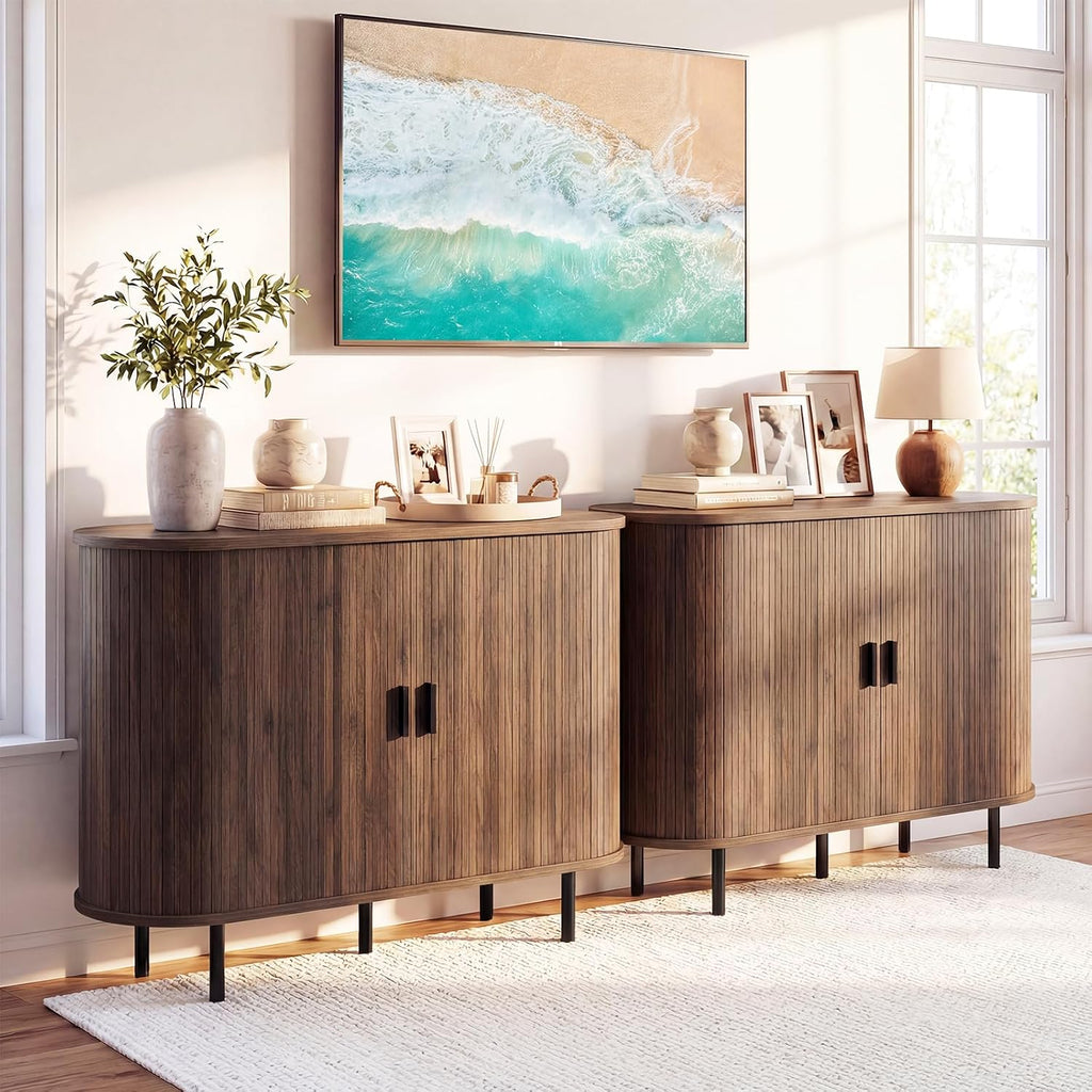 Giantex 47'' Fluted Sideboard Buffet Cabinet with Tambour Sliding Doors, Coffee Bar Console Table w/Metal Legs, Mid Century Storage Credenza Cabinet for Kitchen Dining Room Living Room (Walnut)